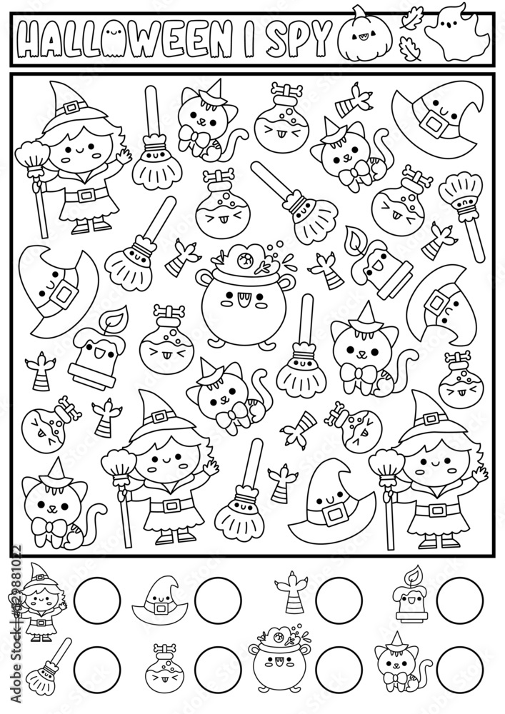 Halloween black and white I spy game for kids. Searching and counting line activity with cute kawaii witch. Scary autumn printable worksheet for preschool children. Simple coloring page. Halloween black and white I spy game for kids. Searching and counting line activity with cute kawaii witch. Scary autumn printable worksheet for preschool children. Simple coloring page.