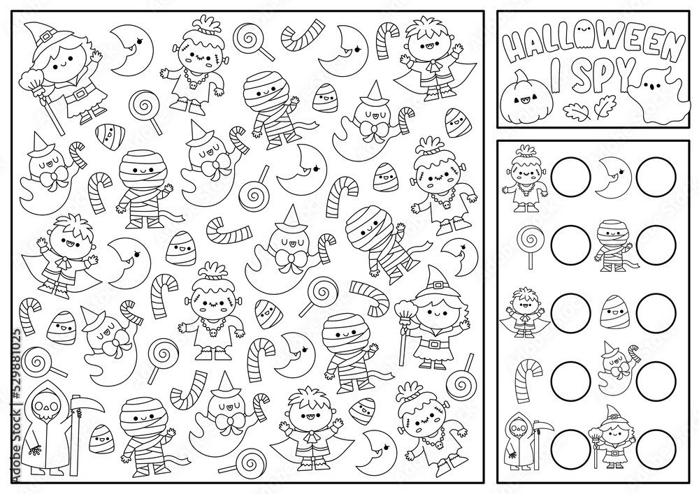 Halloween black and white I spy game for kids. Searching and counting activity with cute kawaii characters. Scary autumn printable worksheet for preschool children. Simple coloring page.