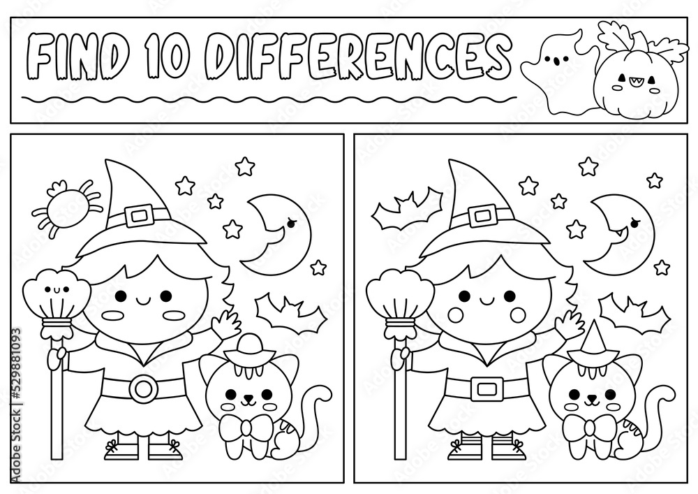 Vettoriale Stock Halloween black and white find differences game for  children. Attention skills line activity with cute witch, black cat. Puzzle  for kids or coloring page. Printable what is different worksheet.