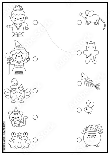 Halloween black and white matching activity with cute kawaii witch  owl  cat  monster. Autumn holiday line puzzle with cauldron  mouse  frog. Match the objects game. All saints day coloring page.