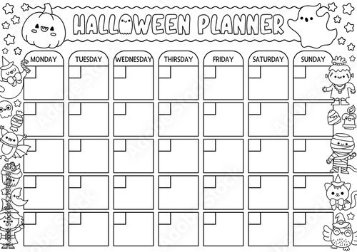 Vector black and white Halloween monthly planner with traditional holiday symbols. Autumn line all saints day calendar or timetable for kids. Scary trick or treat coloring poster with kawaii witch.