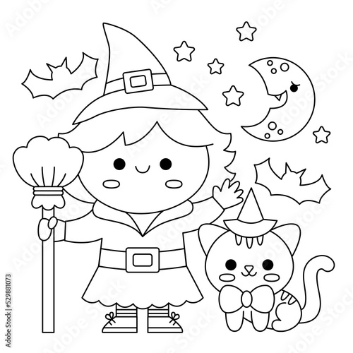 Vector black and white kawaii witch standing with broom and black cat under the half moon and stars. Halloween line scene with girl. All saints day illustration. Funny trick or treat coloring page