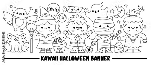Halloween black and white horizontal banner with cute kawaii characters for kids. Vector line witch standing with vampire, mummy, bat, frog, ghost. Funny trick or treat coloring page.