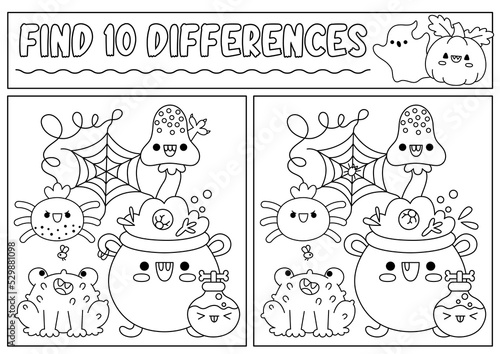 Halloween black and white find differences game for children. Attention skills line activity with cauldron, frog, potion. Puzzle for kids or coloring page. Printable what is different worksheet.