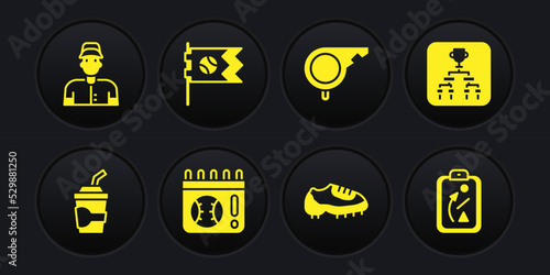 Set Paper glass with water, Championship tournament bracket, Calendar baseball game, Baseball boot, Whistle, Flag, Planning strategy and player icon. Vector