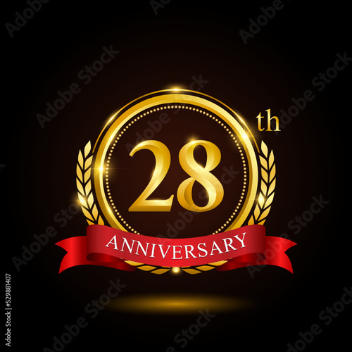 28th golden anniversary template design, with shiny ring and red ribbon, laurel wreath isolated on black background, logo vector