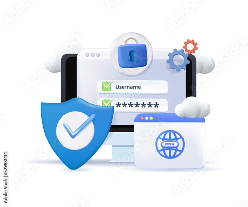 Cyber Security, 3D laptop and cloud data under protection. Cybersecurity, antivirus, encryption, data protection