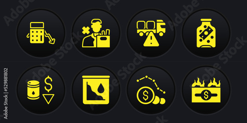 Set Drop in crude oil price, Glass money jar with coin, Dollar rate decrease, Stop delivery cargo truck, Employee dismissal, Burning dollar bill and Calculation of expenses icon. Vector