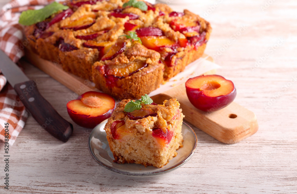 Homemade plum cake, sliced Homemade plum cake, sliced