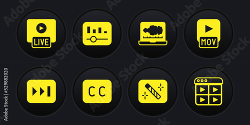 Set Fast forward, MOV file, Subtitles, Photo retouching, Sound audio recorder, Music equalizer, playlist and Live stream icon. Vector