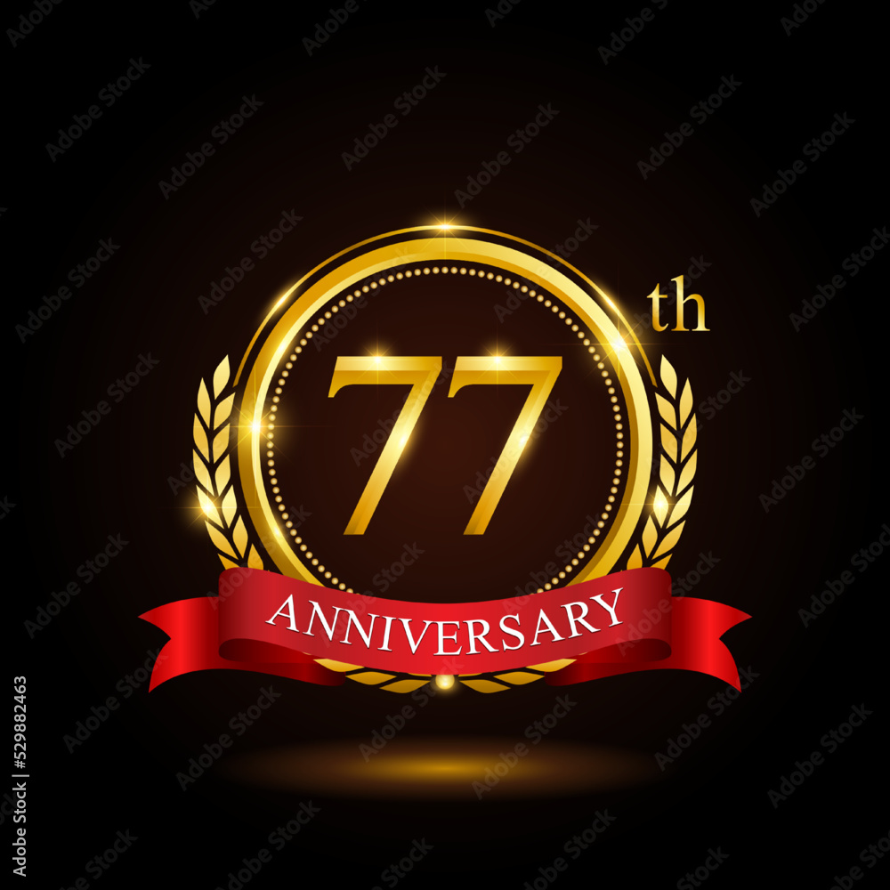 77th golden anniversary template design, with shiny ring and red ribbon, laurel wreath isolated on black background, logo vector 77th golden anniversary template design, with shiny ring and red ribbon, laurel wreath isolated on black background, logo vector