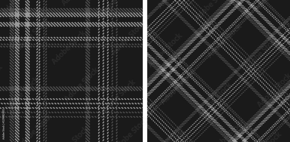 Set black and white check plaid seamless vector pattern.