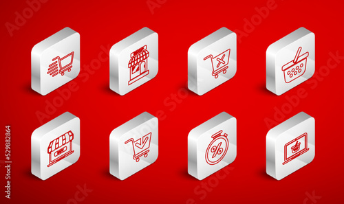 Set line Shopping basket on laptop, Market store, Remove shopping cart, Stopwatch and percent, Add and Online icon. Vector