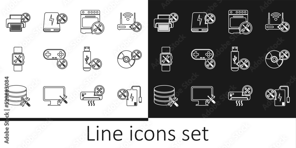 Set line Power bank service, CD or DVD disk, Oven, Gamepad, Smartwatch, Printer, USB flash drive and icon. Vector Set line Power bank service, CD or DVD disk, Oven, Gamepad, Smartwatch, Printer, USB flash drive and icon. Vector