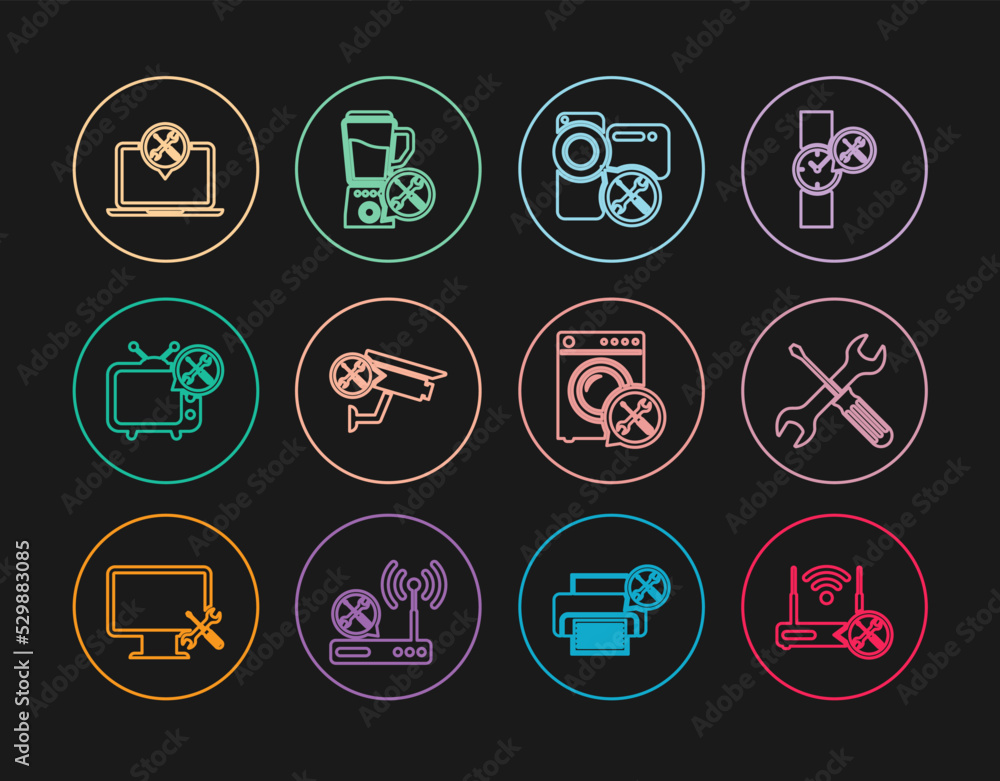 Set line Router wi-fi with service, Crossed screwdriver and wrench, Video camera, Security, Tv, Laptop, Washer and Blender icon. Vector Set line Router wi-fi with service, Crossed screwdriver and wrench, Video camera, Security, Tv, Laptop, Washer and Blender icon. Vector