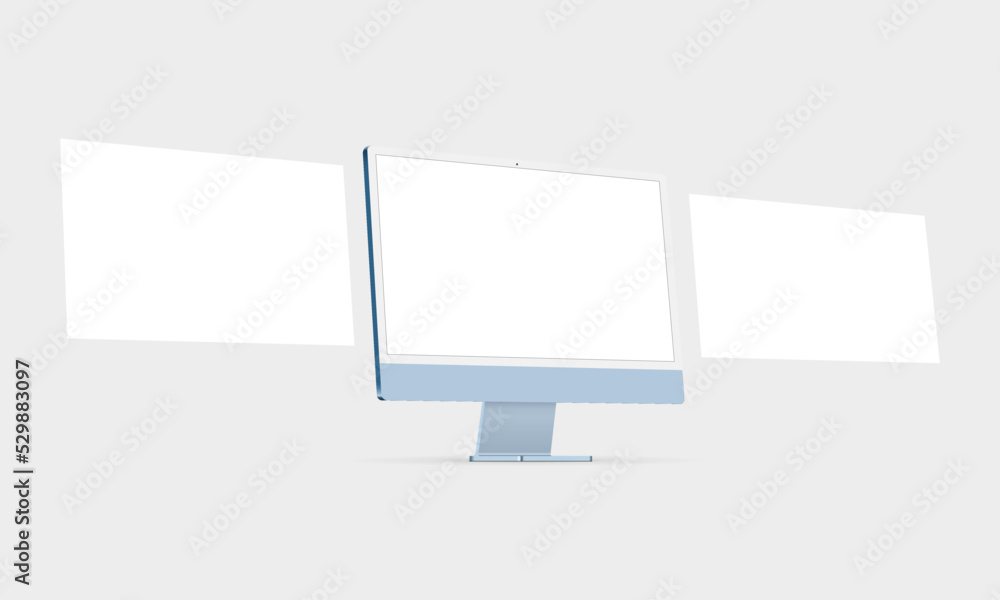 Modern Blue PC Monitor Mockup With Blank Web Pages, Side View. Vector illustration Modern Blue PC Monitor Mockup With Blank Web Pages, Side View. Vector illustration