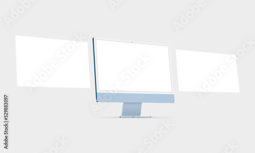 Modern Blue PC Monitor Mockup With Blank Web Pages, Side View. Vector illustration