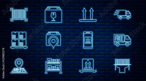 Set line Scanner scanning bar code, Free delivery service, This side up, Location with cardboard box, Cardboard boxes pallet, Barcode, Mobile app tracking and Delivery fragile content icon. Vector