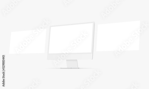 Modern Clay PC Monitor Mockup With Blank Web Pages, Side Perspective View. Vector illustration