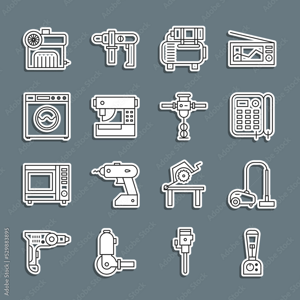 Set line Blender, Vacuum cleaner, Telephone, Air compressor, Sewing machine, Washer, and Construction jackhammer icon. Vector Set line Blender, Vacuum cleaner, Telephone, Air compressor, Sewing machine, Washer, and Construction jackhammer icon. Vector