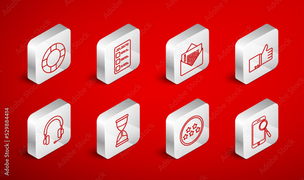 Set line Mobile phone diagnostics, Create account screen mobile, Envelope, Hand thumb up, Five stars rating review, Lifebuoy, Hourglass and Headphones icon. Vector Set line Mobile phone diagnostics, Create account screen mobile, Envelope, Hand thumb up, Five stars rating review, Lifebuoy, Hourglass and Headphones icon. Vector