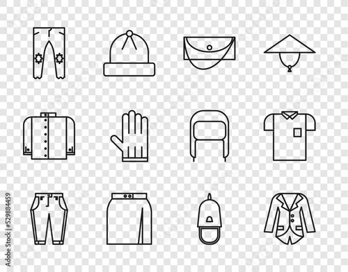 Set line Pants, Blazer or jacket, Clutch bag, Skirt, Leather glove, Police cap with cockade and Polo shirt icon. Vector