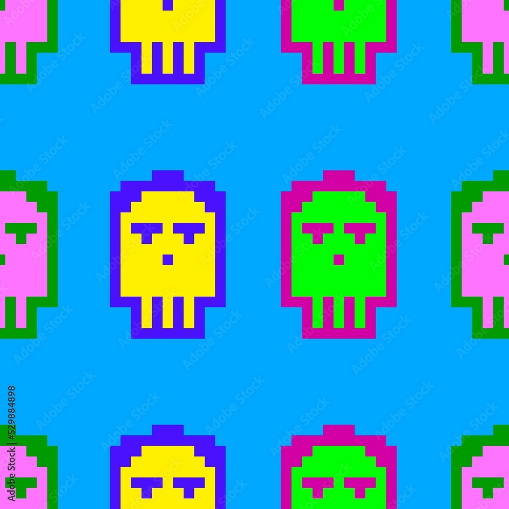 Seamless pattern pixel art , Monsters and robots. Cartoon pixel skull icons illustration. Seamless pattern pixel art , Monsters and robots. Cartoon pixel skull icons illustration.