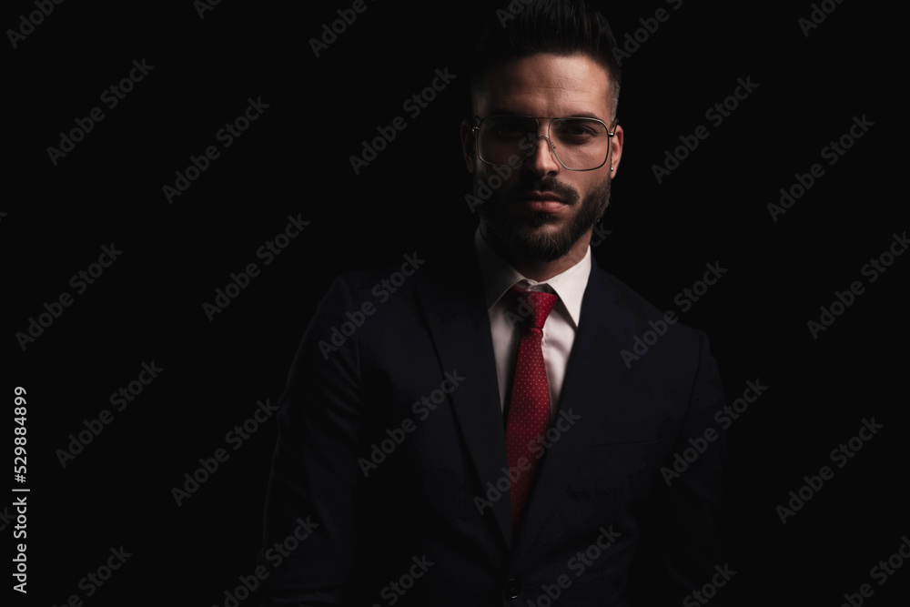 portrait of attractive man wearing elegant black suit with red tie portrait of attractive man wearing elegant black suit with red tie