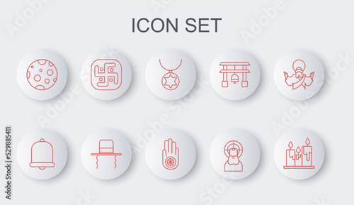 Set line Burning candles, Church bell, Star of David necklace on chain, Jesus Christ, Moon, Jainism, Orthodox jewish hat with sidelocks and or Dharma icon. Vector