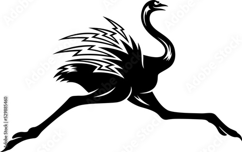 Silhouette of Ostrich Running Fast with Its Feather Shaped Like Lightning Bolt Symbol