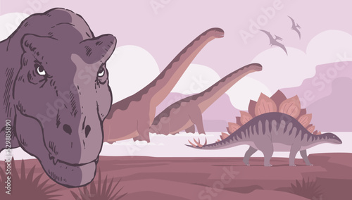 Predator tyrannosaurus, big sauropods and stegosaurus. Herbivorous dinosaur of the Jurassic period. Prehistoric pangolin. Science paleontology. Wild landscape. Vector cartoon illustration