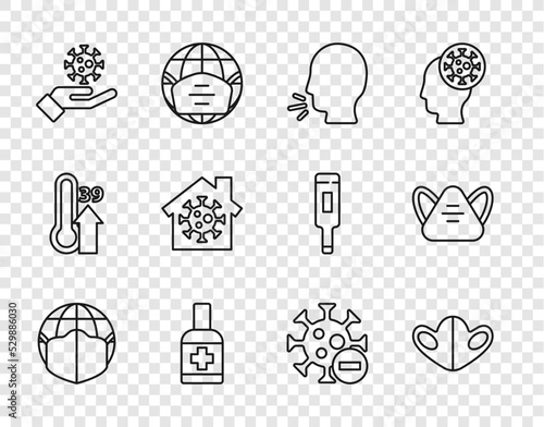 Set line Earth with medical mask, Medical protective, Man coughing, Liquid antibacterial soap, Hand virus, Stay home, Negative and icon. Vector