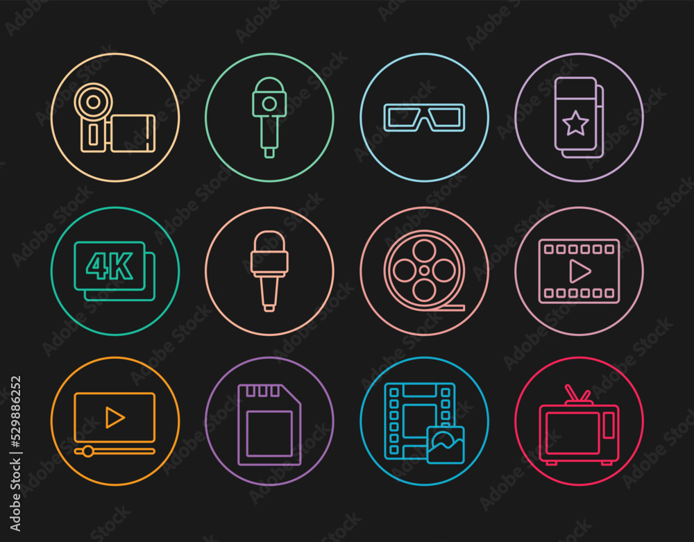 Set line Retro tv, Play Video, 3D cinema glasses, Microphone, 4k Ultra HD, Cinema camera, Film reel and icon. Vector
