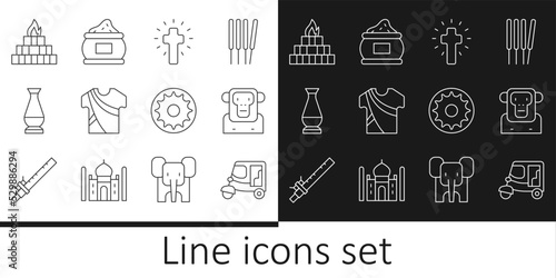Set line Taxi tuk tuk, Monkey, Christian cross, Indian man dress, vase, Yagna, Chakra and spice icon. Vector