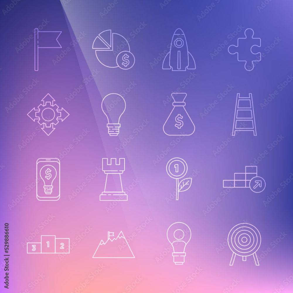 Set line Target, Financial growth, Stair with finish flag, Startup project concept, Light bulb of idea, Project team base, Location marker and Money bag icon. Vector Set line Target, Financial growth, Stair with finish flag, Startup project concept, Light bulb of idea, Project team base, Location marker and Money bag icon. Vector