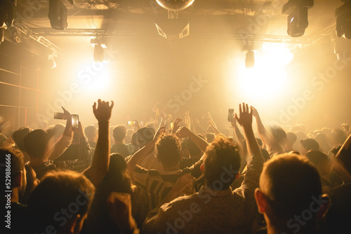 Crowd of people at nightclub concert with hands up