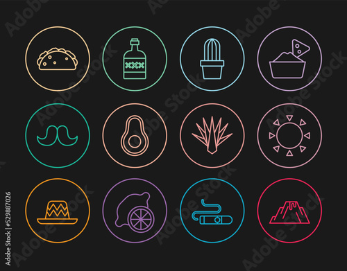 Set line Volcano eruption with lava, Sun, Cactus or succulent in pot, Avocado fruit, Mustache, Taco tortilla, Agave and Tequila bottle icon. Vector