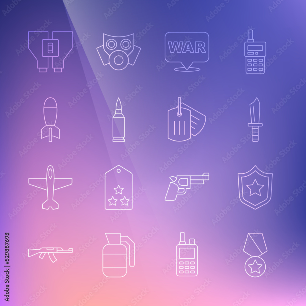 Set line Military reward medal, Police badge, knife, The word, Bullet, Rocket launcher, Binoculars and dog tag icon. Vector Set line Military reward medal, Police badge, knife, The word, Bullet, Rocket launcher, Binoculars and dog tag icon. Vector