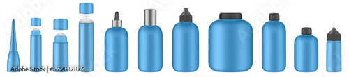 Set of blue tubes and bottles. Roller ball tube. Body antiperspirant deodorant roll-on, open and closed blank tubes with screw cap. Realistic mockup. Eye Cream Roll Ball. Dropper, atomizer