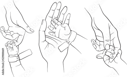 newborn's hand in mother's hand, vector line baby shower hand drawn illustration