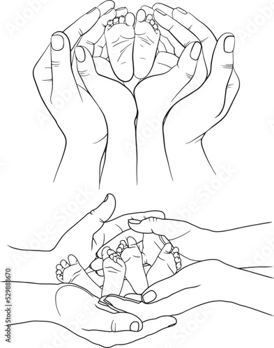 feet of a newborn in the hands of parents, mom and dad. family line illustration
