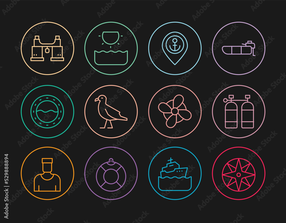 Set line Wind rose, Aqualung, Location with anchor, Bird seagull, Ship porthole, Binoculars, Boat propeller and Sun icon. Vector Set line Wind rose, Aqualung, Location with anchor, Bird seagull, Ship porthole, Binoculars, Boat propeller and Sun icon. Vector
