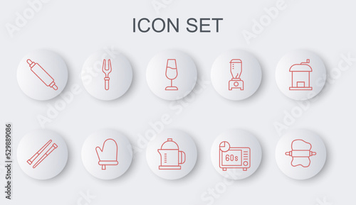 Set line Rolling pin on dough, Food chopsticks, Wine glass, Microwave oven, Barbecue fork, Oven glove and French press icon. Vector