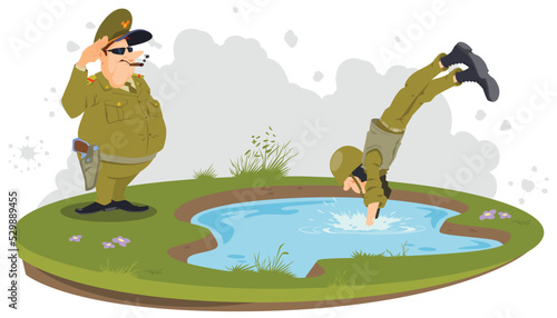 General oversees army exercises. Illustration for internet and mobile website.