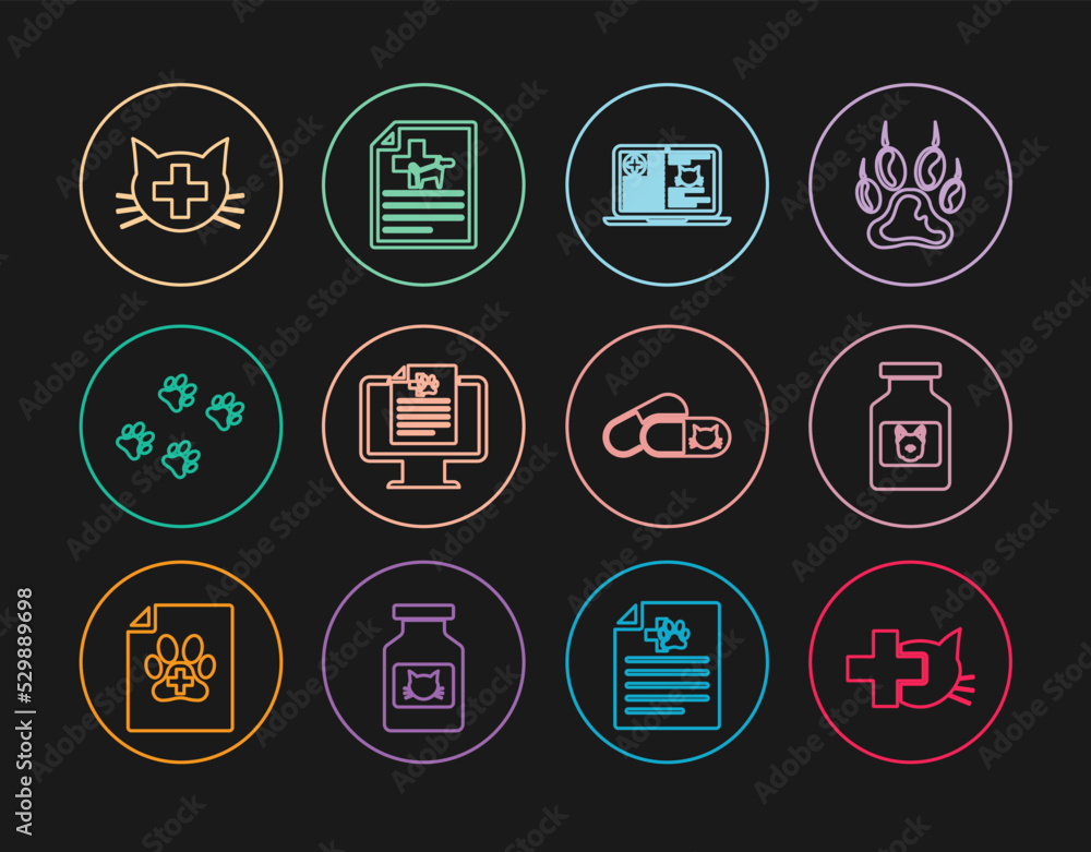 Set line Veterinary clinic, Dog medicine bottle, Clinical record cat on laptop, pet monitor, Paw print, Cat and pills and Medical certificate for dog icon. Vector Set line Veterinary clinic, Dog medicine bottle, Clinical record cat on laptop, pet monitor, Paw print, Cat and pills and Medical certificate for dog icon. Vector
