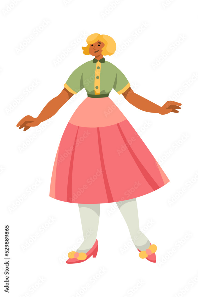 Cheerful women in retro 1960s clothes with open hands