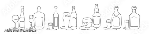 Wine liquor vodka beer whiskey tequila rum bottle and glass outline icon on white background. Black white cartoon sketch graphic design. Doodle style. Hand drawn image. Party drinks concept