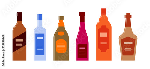 Set bottle of rum vodka liquor wine balsam cognac in row. Icon bottle with cap and label. Graphic design for any purposes. Flat style. Color form. Party drink concept. Simple image shape