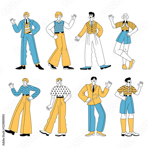 Diverse cheerful men in retro 1960s or 1970s clothes walking, standing, waving hands