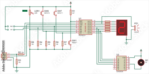 PICAXE microcontroller system. Vector electrical circuit of an electronic device for data output 
to indicator, operating under the control of a microcontroller. The scheme with the motor and display.